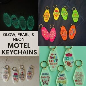 Glow, Pearl, & Neon Motel Keychains – Funny, Nurse, Teacher, Self Love, Dog Mom